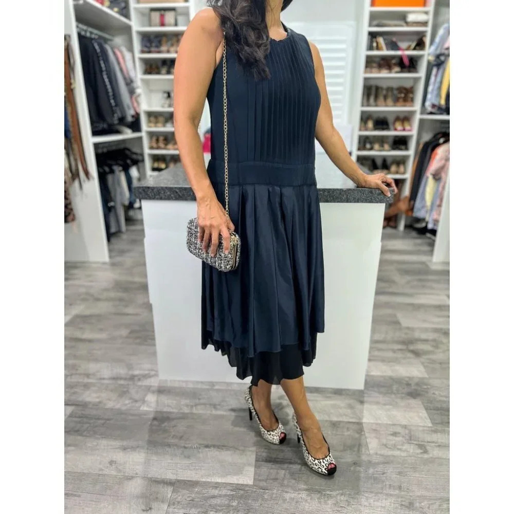 Victor Alfaro Navy Pleated Combo Midi Dress $2195 - Picture 10 of 15